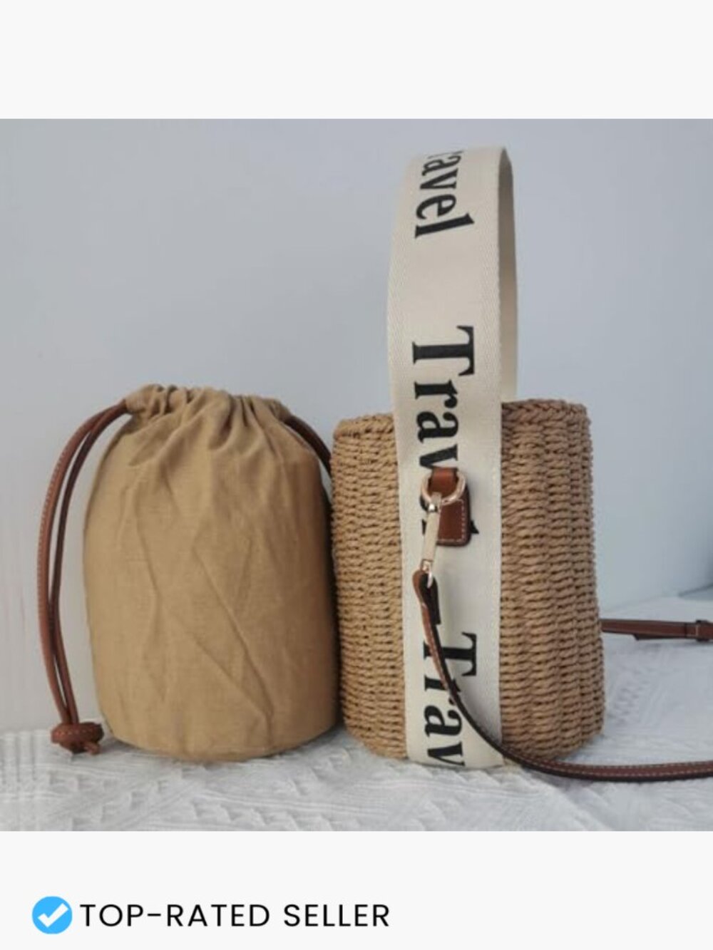 Straw Rattan Woven Bucket Tote Bag Crossbody Drawstring Beach Handbag - Picture 6 of 7